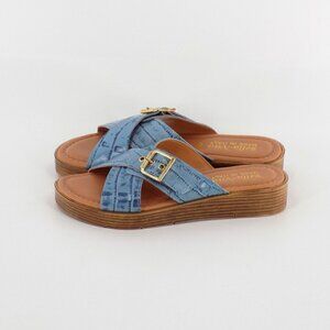 Bella Vita Slide Sandals Leather Size 6 Denim Blue Italy Croco Embossed